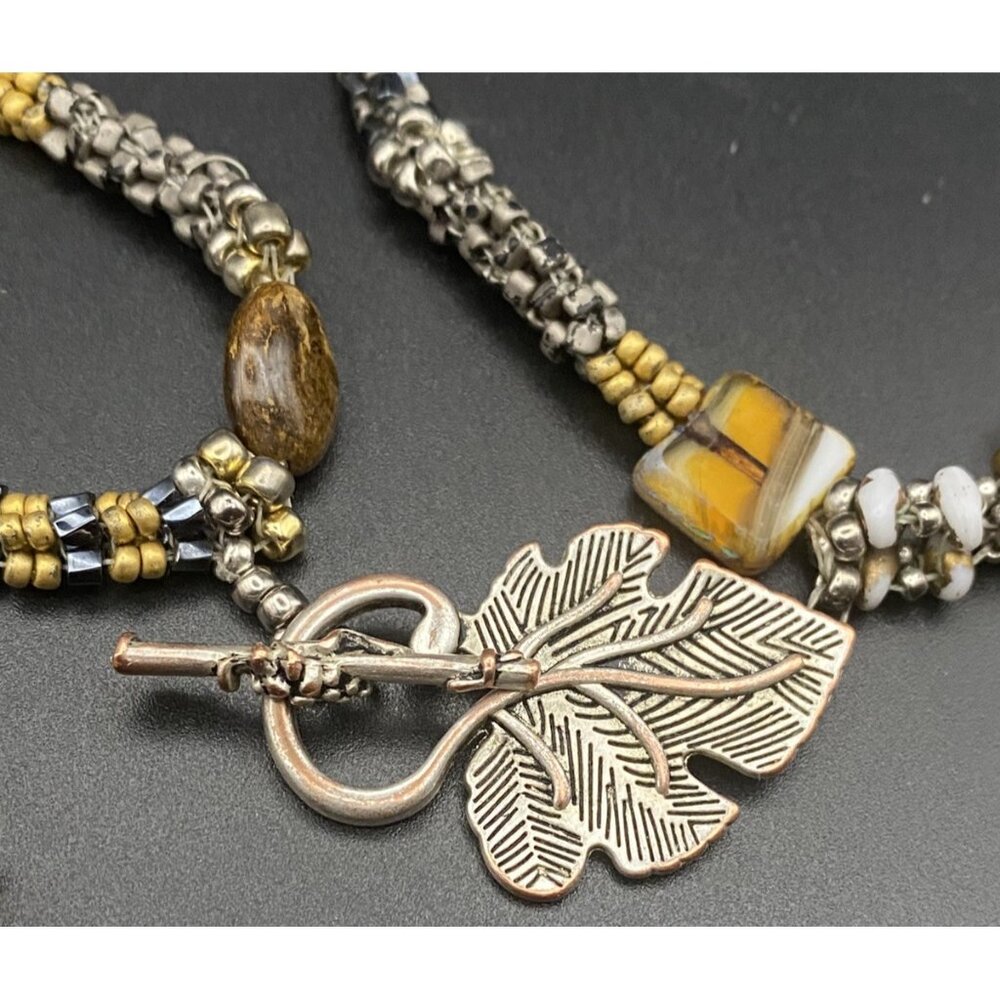 Artisan  Necklace Boho Natural Stone Shell Glass Bead Antiqued Bronze Toggle 38" - Picture 3 of 13